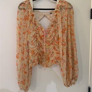 Free People Floral Ruffle Blouse - Orange and Cream